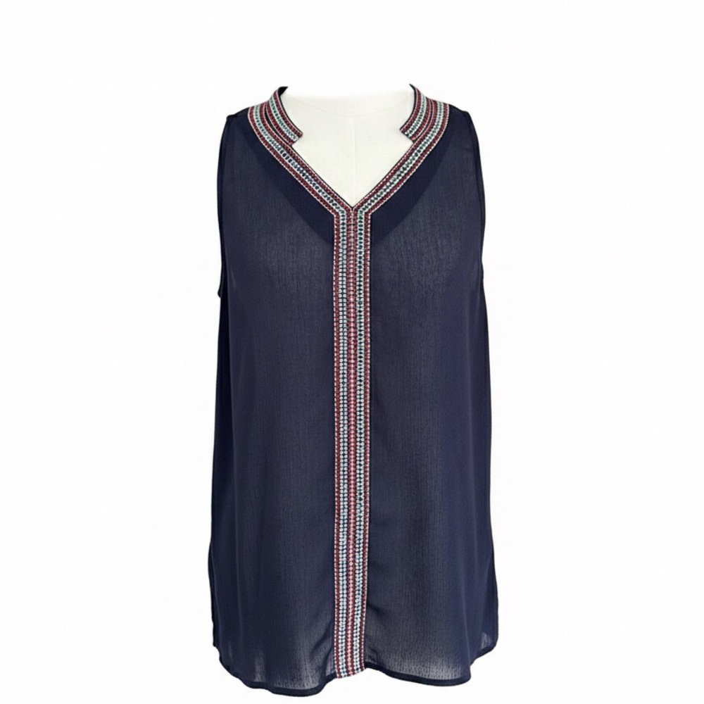 THML Navy Sleeveless Top with Embroidered Trim. Size Medium